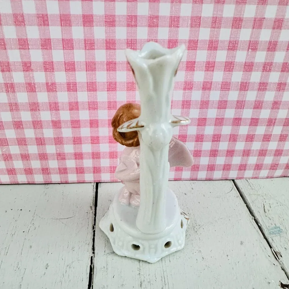 Vintage Japan Cherub Bud Vase Angel Figurine Pink Porcelain Rosebud Vase